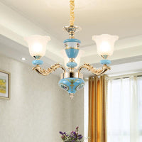 3/6-Head Opaline Glass Ceiling Chandelier Vintage Blue Floral - Rebooters