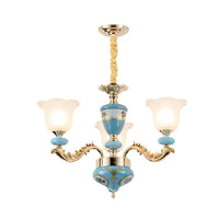 3/6-Head Opaline Glass Ceiling Chandelier Vintage Blue Floral - Rebooters