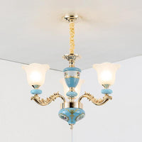 3/6-Head Opaline Glass Ceiling Chandelier Vintage Blue Floral - Rebooters
