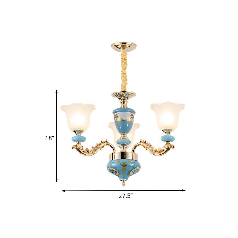 3/6-Head Opaline Glass Ceiling Chandelier Vintage Blue Floral - Rebooters