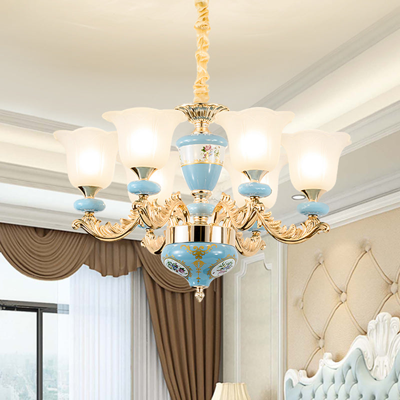 3/6-Head Opaline Glass Ceiling Chandelier Vintage Blue Floral - Rebooters