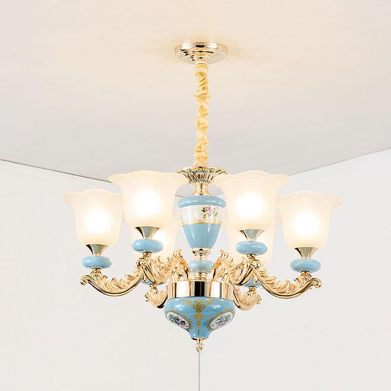 3/6-Head Opaline Glass Ceiling Chandelier Vintage Blue Floral - Rebooters