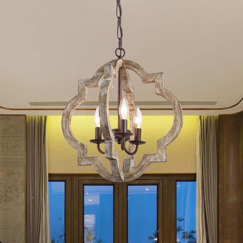 4 Lights Candle-Style Ceiling Chandelier Countryside Beige Wood Pendant Lamp - Rebooters