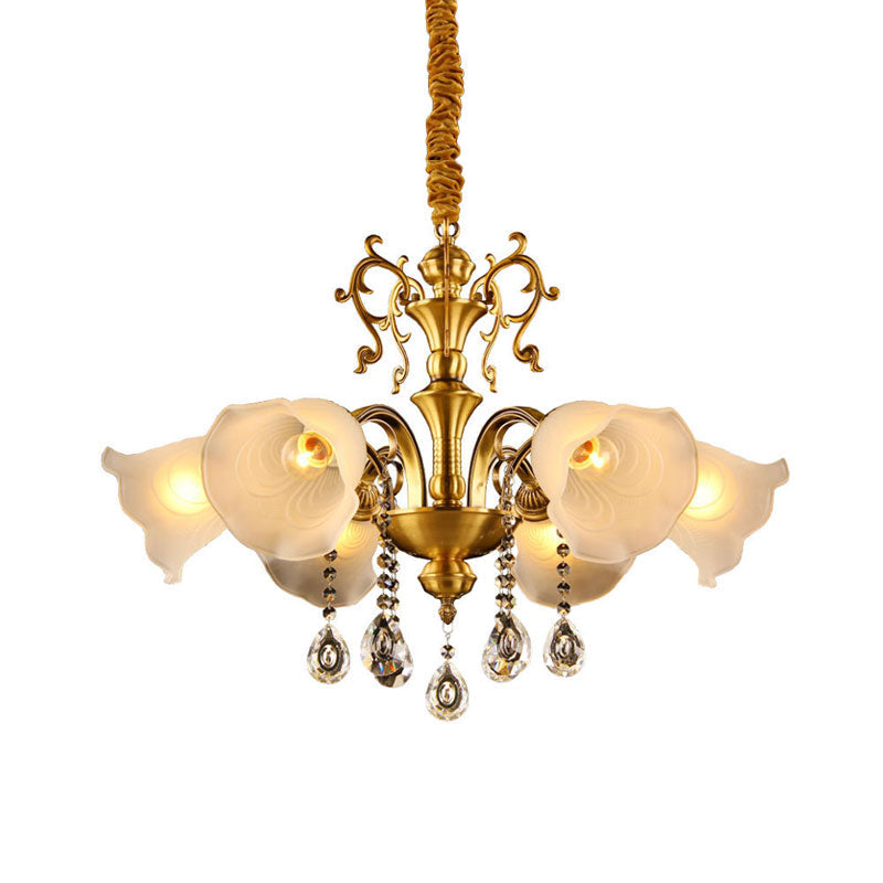 Vintage Floral Shade Ceiling Pendant Light Crystal Orbs 6 Heads Chandelier Brass - Rebooters