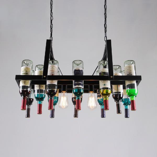 2-Light Clear Glass Hanging Chandelier Industrial Black Multi-Color Wine Bottle Bistro Pendant Light - Rebooters