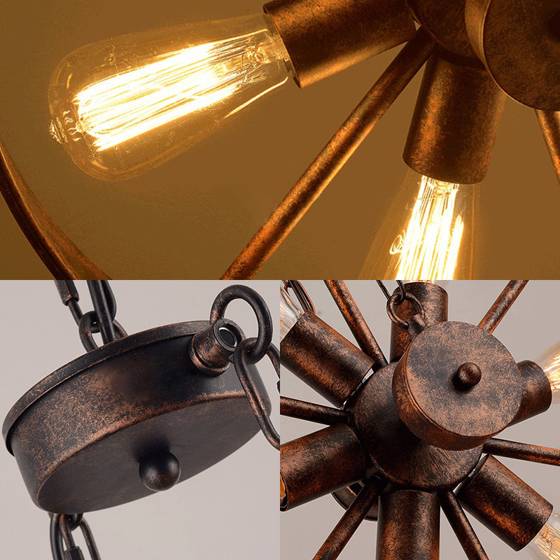 Wheel Shaped Wrought Iron Hanging Lamp Antique Style Chandelier Rust - Rebooters