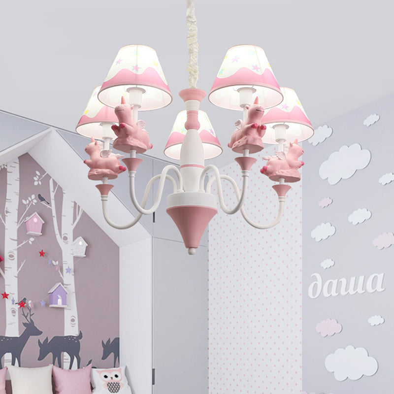 Conic Fabric Shade Ceiling Chandelier Cartoon 5 Lights Pink Blue Gold Finish Unicorn Decor Lamp - Rebooters