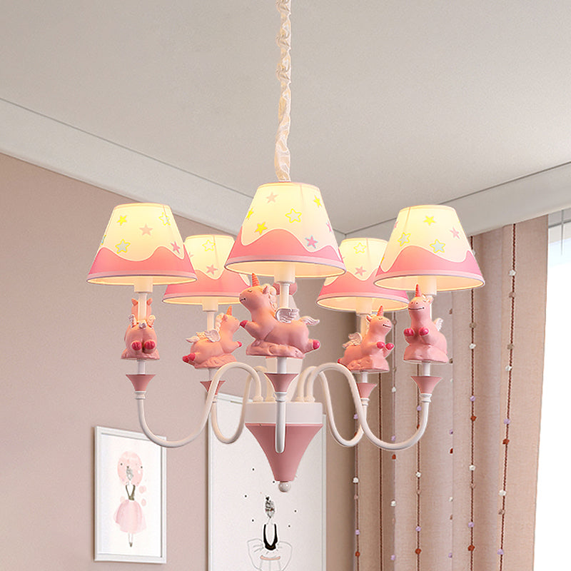 Conic Fabric Shade Ceiling Chandelier Cartoon 5 Lights Pink Blue Gold Finish Unicorn Decor Lamp - Rebooters