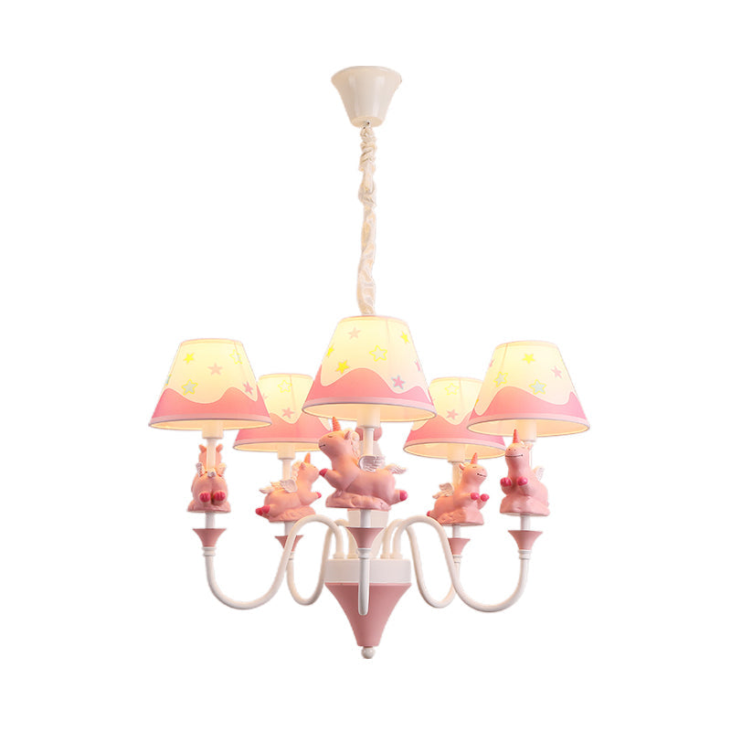 Conic Fabric Shade Ceiling Chandelier Cartoon 5 Lights Pink Blue Gold Finish Unicorn Decor Lamp - Rebooters
