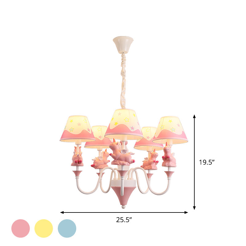 Conic Fabric Shade Ceiling Chandelier Cartoon 5 Lights Pink Blue Gold Finish Unicorn Decor Lamp - Rebooters