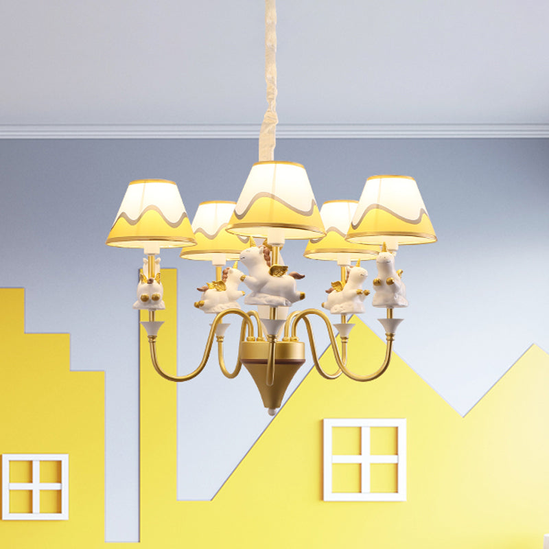 Conic Fabric Shade Ceiling Chandelier Cartoon 5 Lights Pink Blue Gold Finish Unicorn Decor Lamp - Rebooters