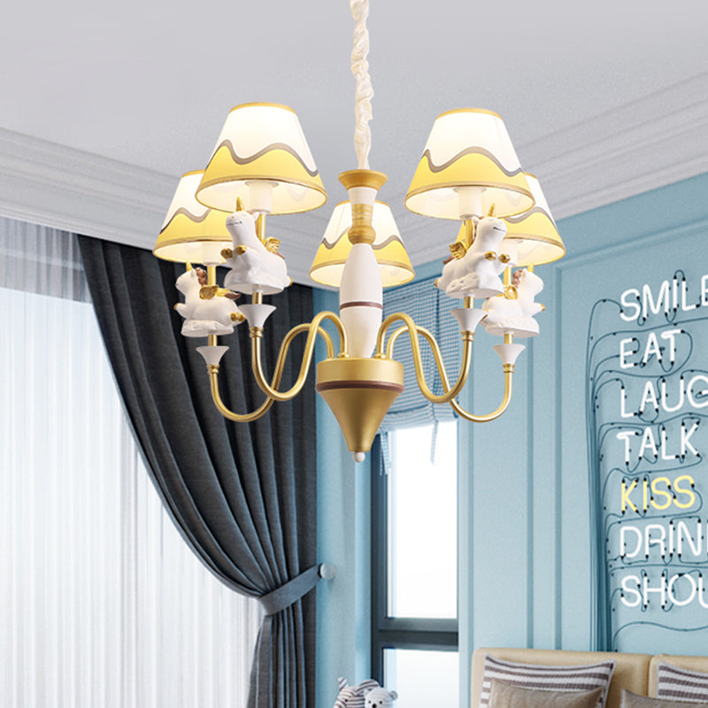 Conic Fabric Shade Ceiling Chandelier Cartoon 5 Lights Pink Blue Gold Finish Unicorn Decor Lamp - Rebooters