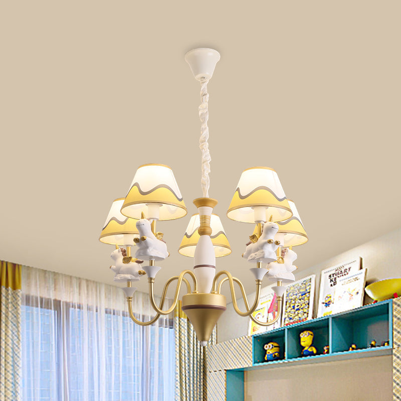 Conic Fabric Shade Ceiling Chandelier Cartoon 5 Lights Pink Blue Gold Finish Unicorn Decor Lamp - Rebooters