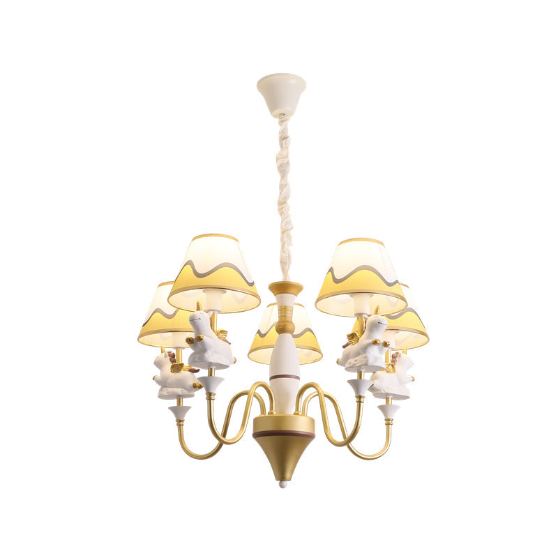 Conic Fabric Shade Ceiling Chandelier Cartoon 5 Lights Pink Blue Gold Finish Unicorn Decor Lamp - Rebooters