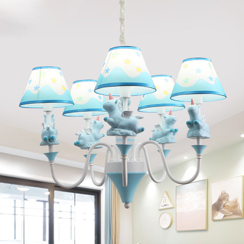 Conic Fabric Shade Ceiling Chandelier Cartoon 5 Lights Pink Blue Gold Finish Unicorn Decor Lamp - Rebooters