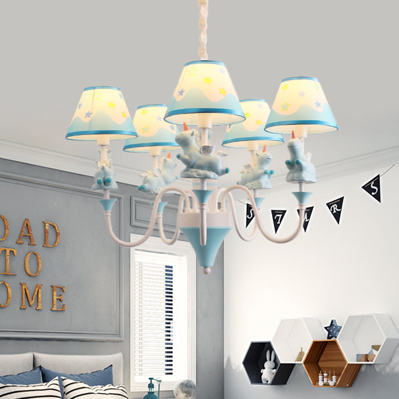Conic Fabric Shade Ceiling Chandelier Cartoon 5 Lights Pink Blue Gold Finish Unicorn Decor Lamp - Rebooters