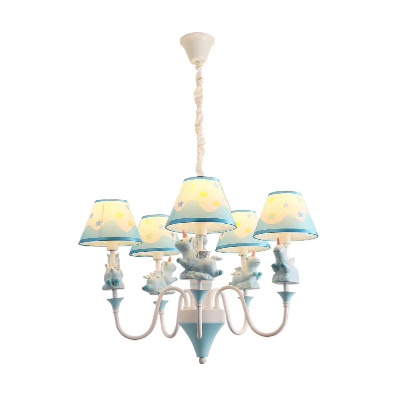 Conic Fabric Shade Ceiling Chandelier Cartoon 5 Lights Pink Blue Gold Finish Unicorn Decor Lamp - Rebooters