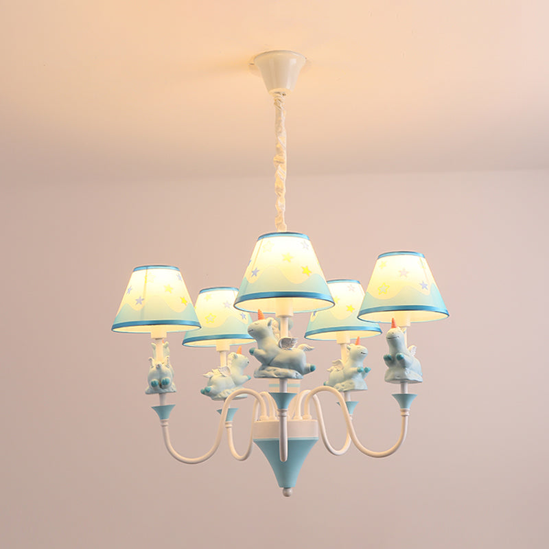 Conic Fabric Shade Ceiling Chandelier Cartoon 5 Lights Pink Blue Gold Finish Unicorn Decor Lamp - Rebooters