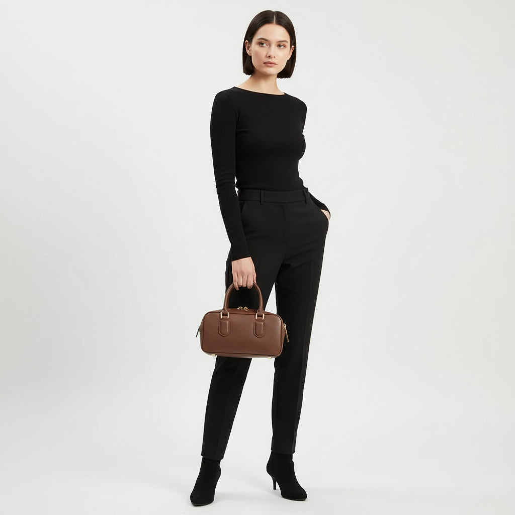 Woman in black outfit holding brown leather handbag, minimalist studio fashion style