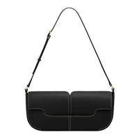 Black leather shoulder bag with white stitching and adjustable strap on white background