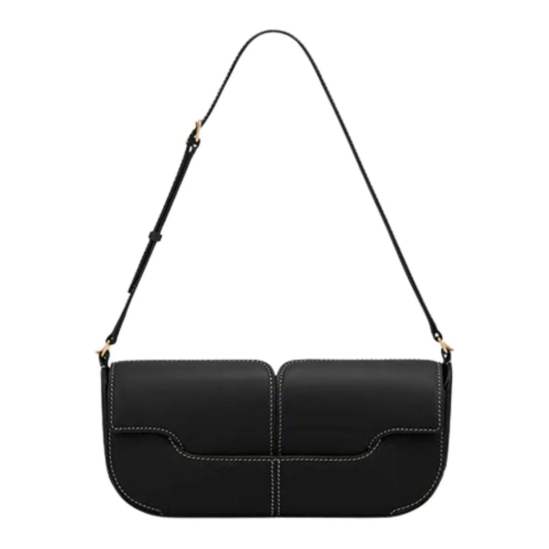Black leather shoulder bag with white stitching and adjustable strap on white background