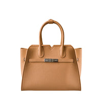 Tan leather tote handbag with double handles and silver buckle on white background