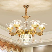 6 Lights Clear Glass Pendant Lamp Traditional Gold Flower Chandelier - Rebooters