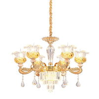 6 Lights Clear Glass Pendant Lamp Traditional Gold Flower Chandelier - Rebooters