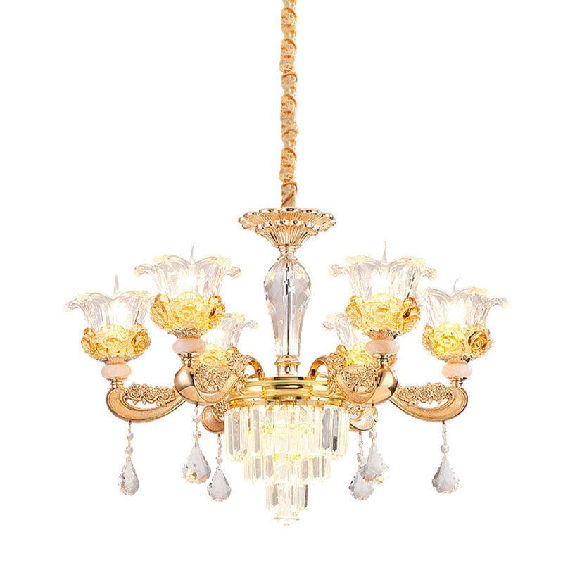 6 Lights Clear Glass Pendant Lamp Traditional Gold Flower Chandelier - Rebooters