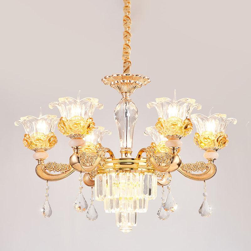 6 Lights Clear Glass Pendant Lamp Traditional Gold Flower Chandelier - Rebooters