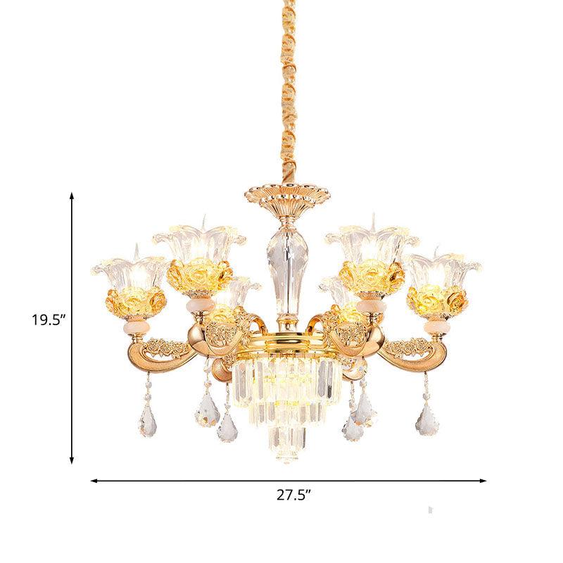 6 Lights Clear Glass Pendant Lamp Traditional Gold Flower Chandelier - Rebooters