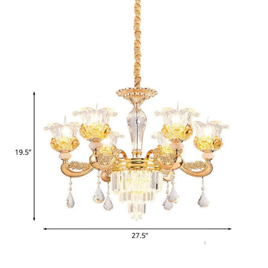6 Lights Clear Glass Pendant Lamp Traditional Gold Flower Chandelier - Rebooters