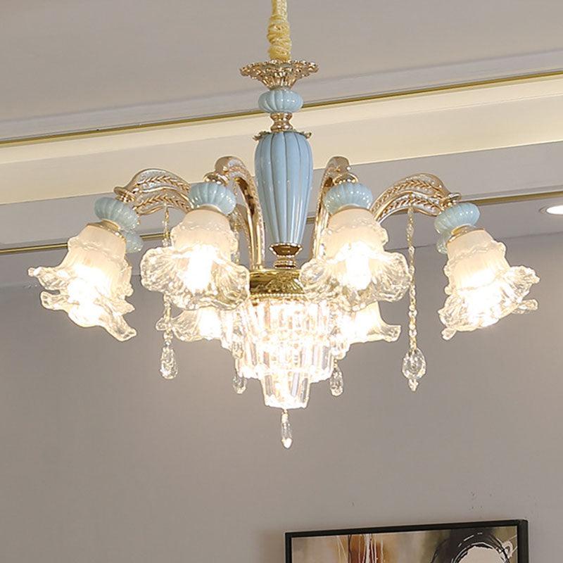 Drooping Flower Frosted Glass Drop Lamp Rustic 6 Heads Ceiling Chandelier in Blue - Rebooters
