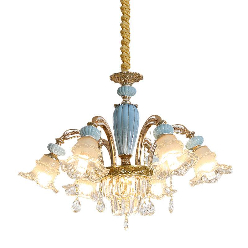 Drooping Flower Frosted Glass Drop Lamp Rustic 6 Heads Ceiling Chandelier in Blue - Rebooters