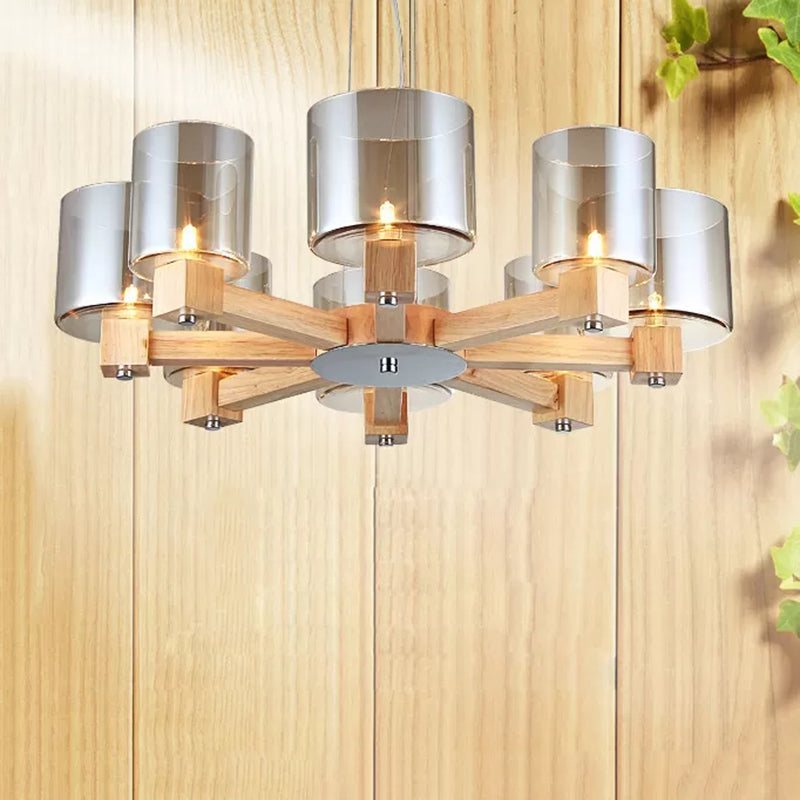 Wood Cylinder Chandelier Light with Radial Design 4/6/8 Lights - Rebooters