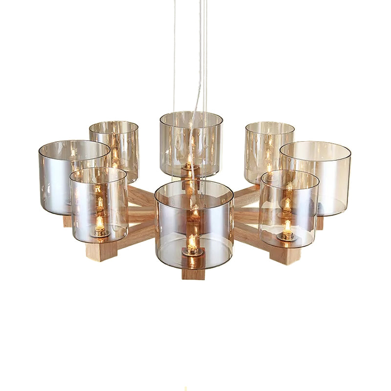 Wood Cylinder Chandelier Light with Radial Design 4/6/8 Lights - Rebooters