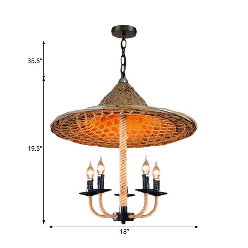 Candle Chandelier Lighting with Hat Design Lodge Style Rattan 5 Lights Beige Hanging Lamp - Rebooters