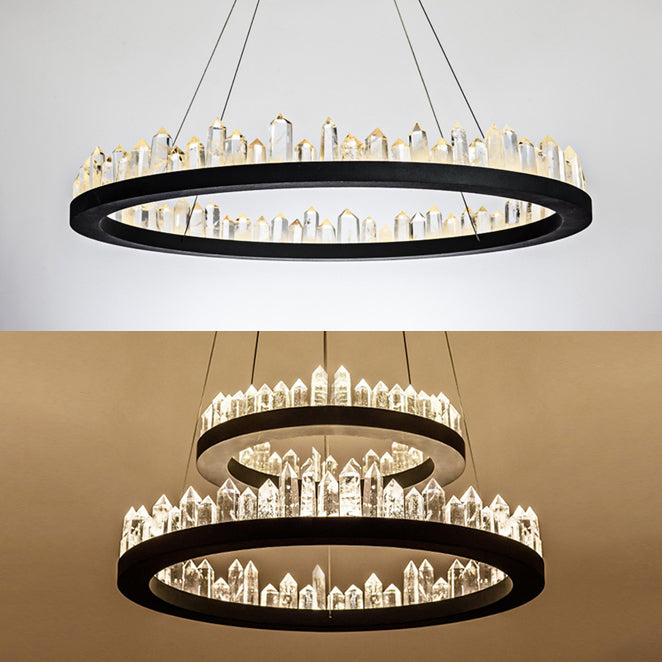 1/2-Light Circular Chandelier Lamp Contemporary Crystal LED Black Hanging Light Fixture - Rebooters