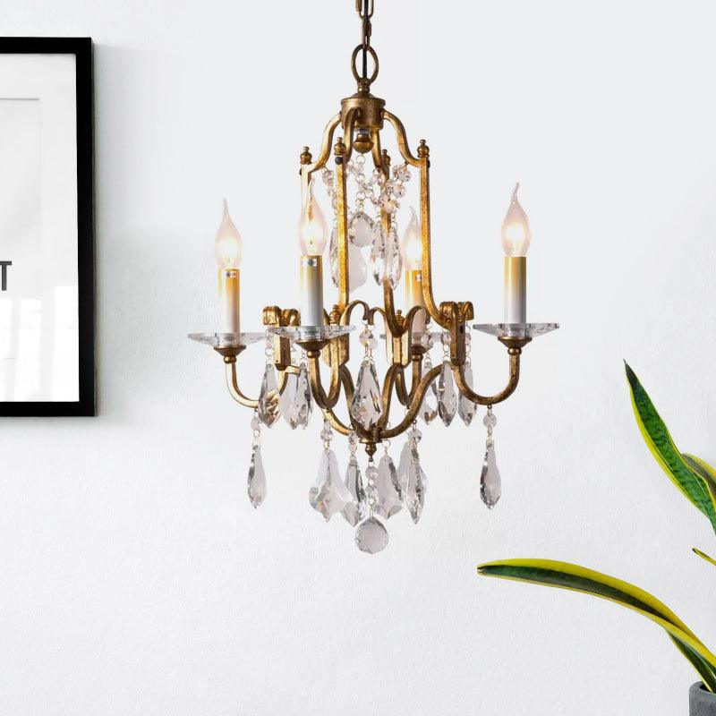 Antiqued Brass 4-Light Hanging Chandelier Rustic Crystal Ceiling Lamp - Rebooters