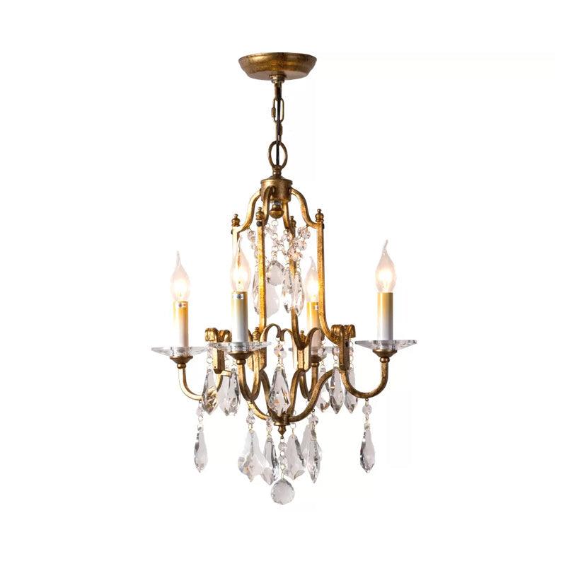 Antiqued Brass 4-Light Hanging Chandelier Rustic Crystal Ceiling Lamp - Rebooters