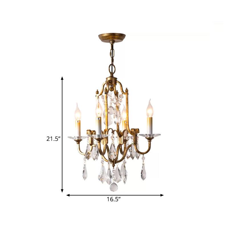 Antiqued Brass 4-Light Hanging Chandelier Rustic Crystal Ceiling Lamp - Rebooters