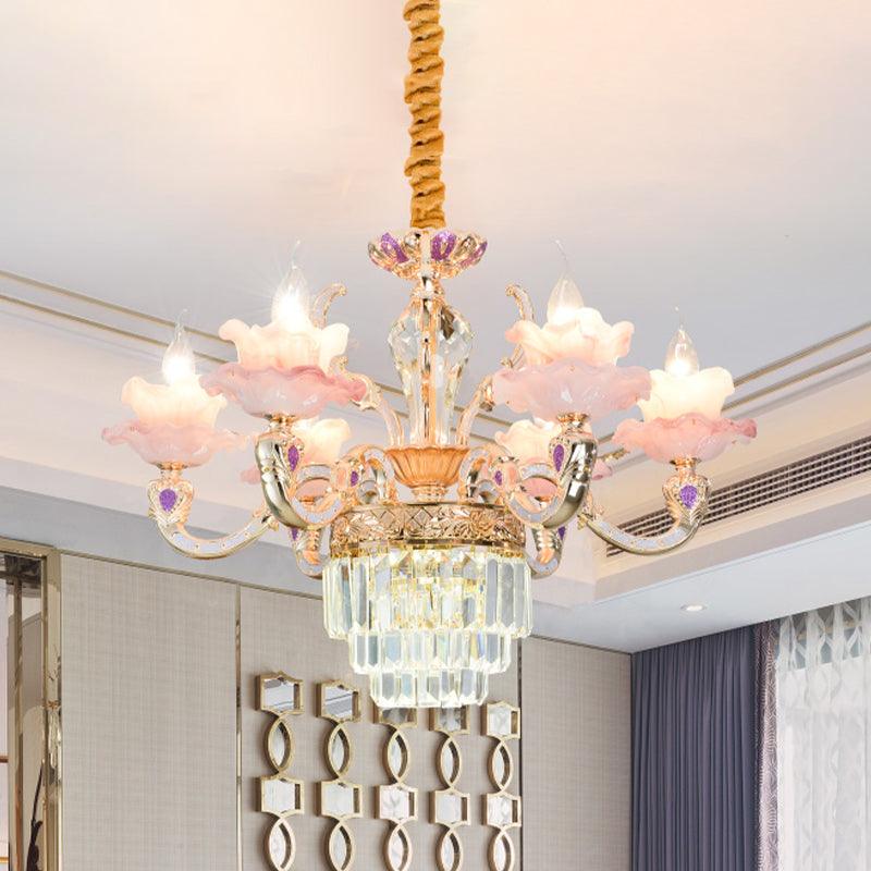 6 Lights 2-Layer Ruffle Chandelier Pink Glass Pendant Lamp - Rebooters