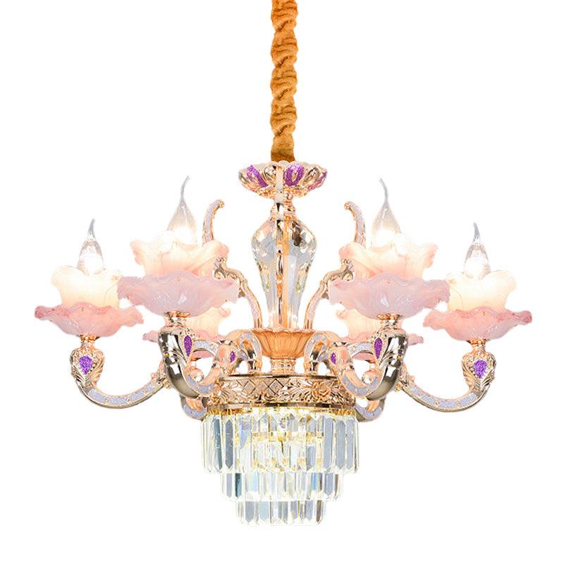 6 Lights 2-Layer Ruffle Chandelier Pink Glass Pendant Lamp - Rebooters