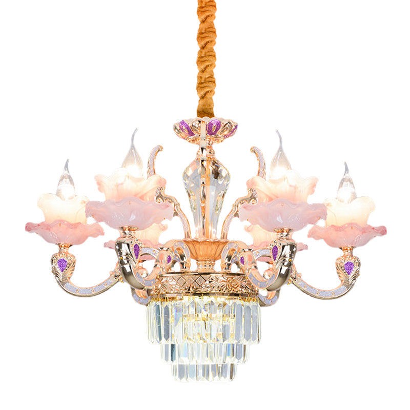 6 Lights 2-Layer Ruffle Chandelier Pink Glass Pendant Lamp - Rebooters