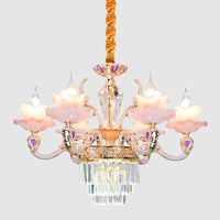 6 Lights 2-Layer Ruffle Chandelier Pink Glass Pendant Lamp - Rebooters