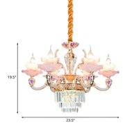6 Lights 2-Layer Ruffle Chandelier Pink Glass Pendant Lamp - Rebooters