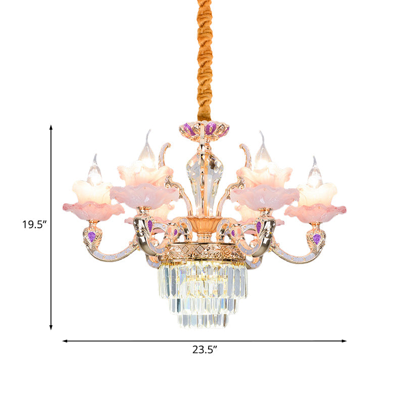 6 Lights 2-Layer Ruffle Chandelier Pink Glass Pendant Lamp - Rebooters