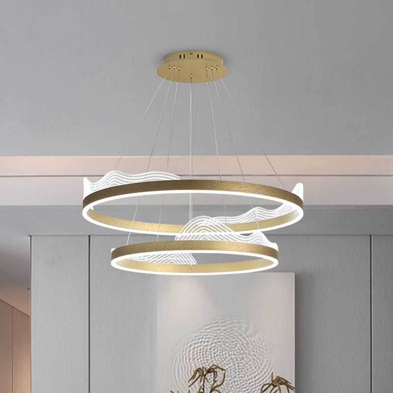 2-Tier Hoop Bedroom Pendant Chandelier Metallic LED Modern Ceiling Hang Fixture in Gold - Rebooters