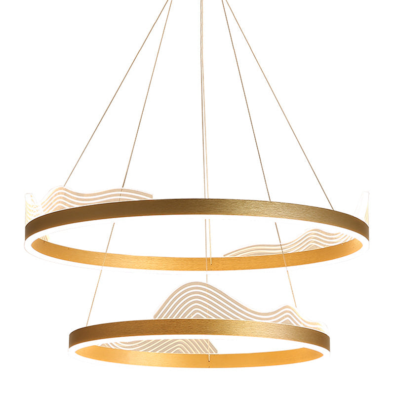 2-Tier Hoop Bedroom Pendant Chandelier Metallic LED Modern Ceiling Hang Fixture in Gold - Rebooters