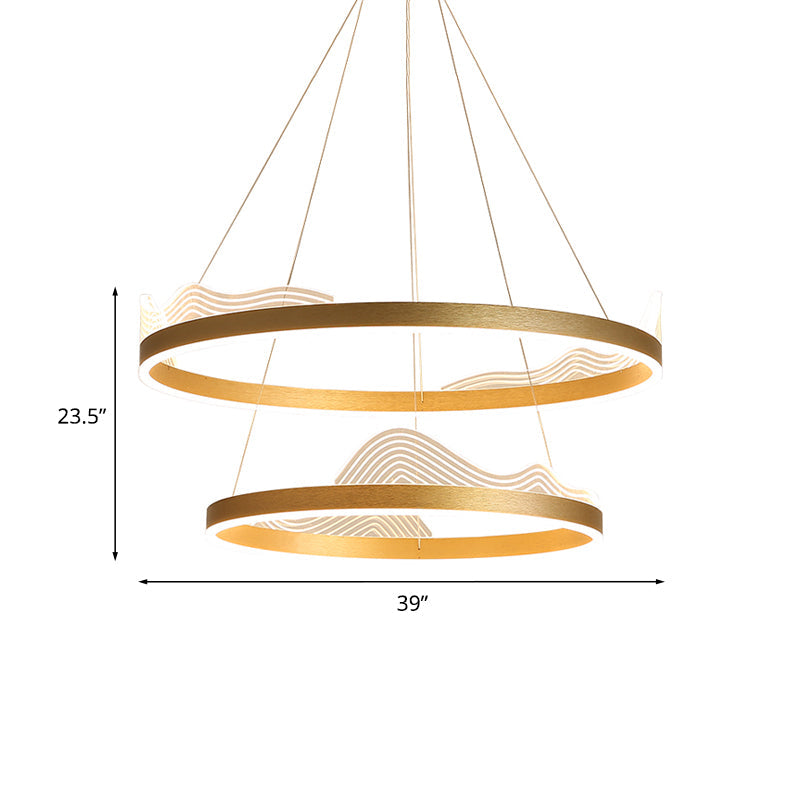 2-Tier Hoop Bedroom Pendant Chandelier Metallic LED Modern Ceiling Hang Fixture in Gold - Rebooters